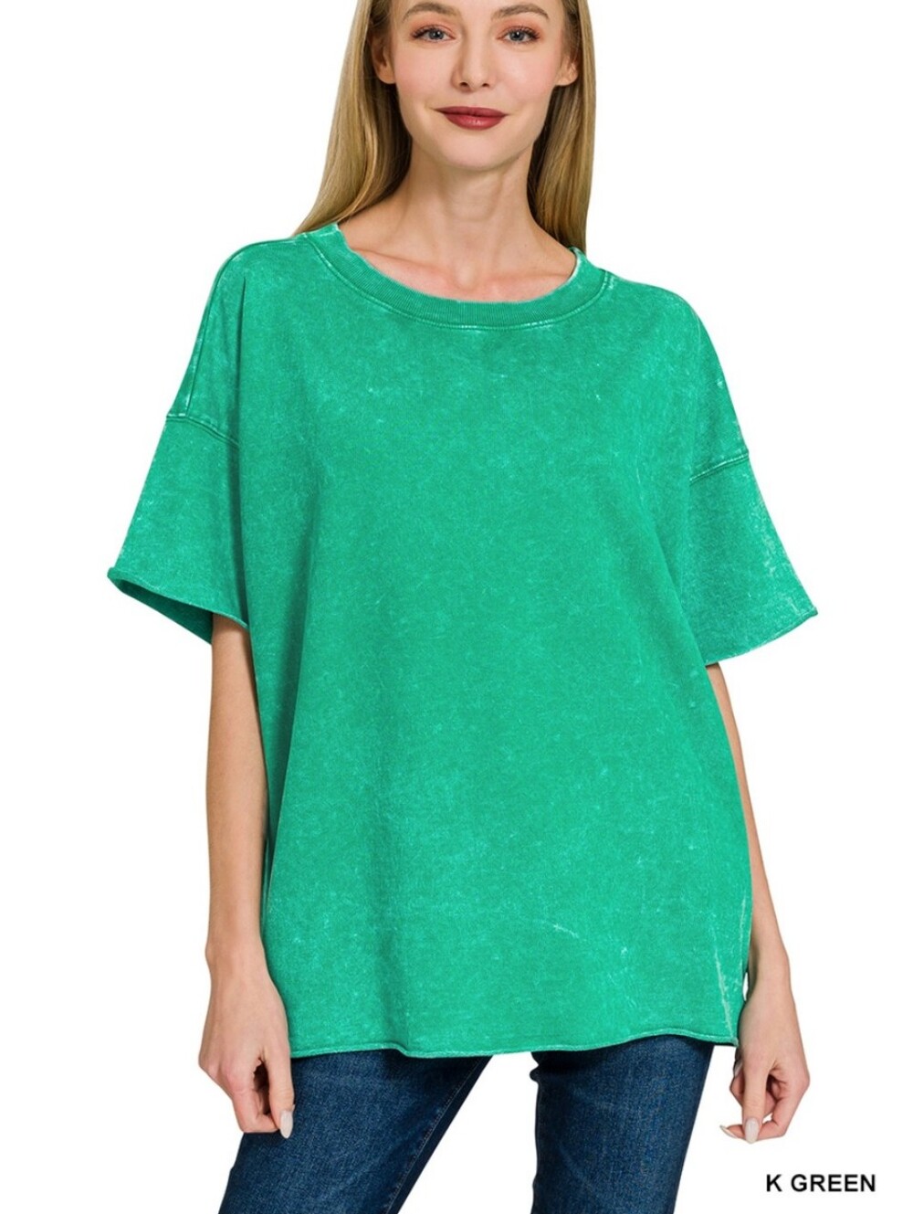 New Zenana Green Acid Wash French Terry Top